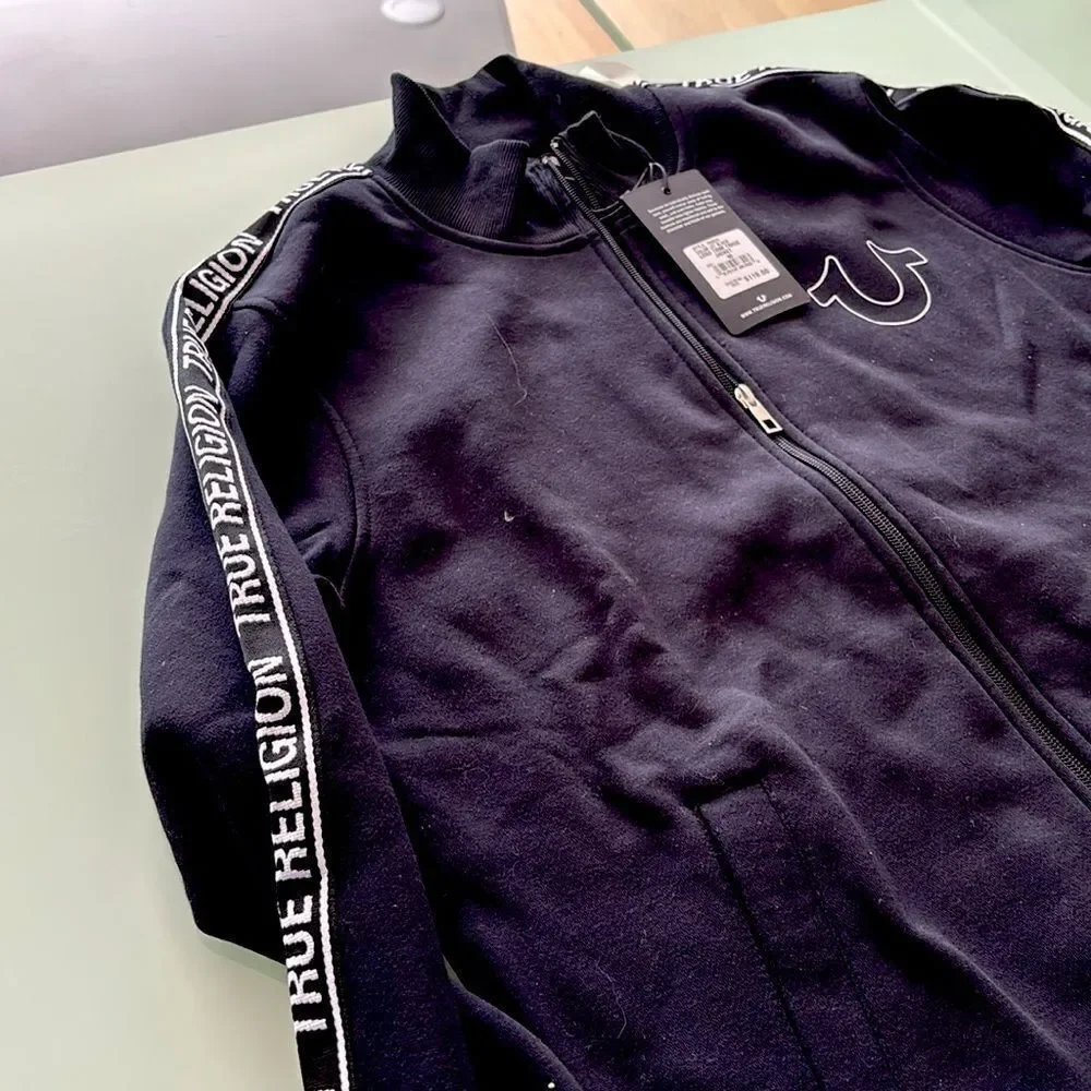 True Religion MWT hoodie jet black medium logo trim track jacket large